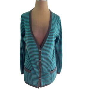 Talbots L PET Italian merino striped‎ cardigan teal/gray